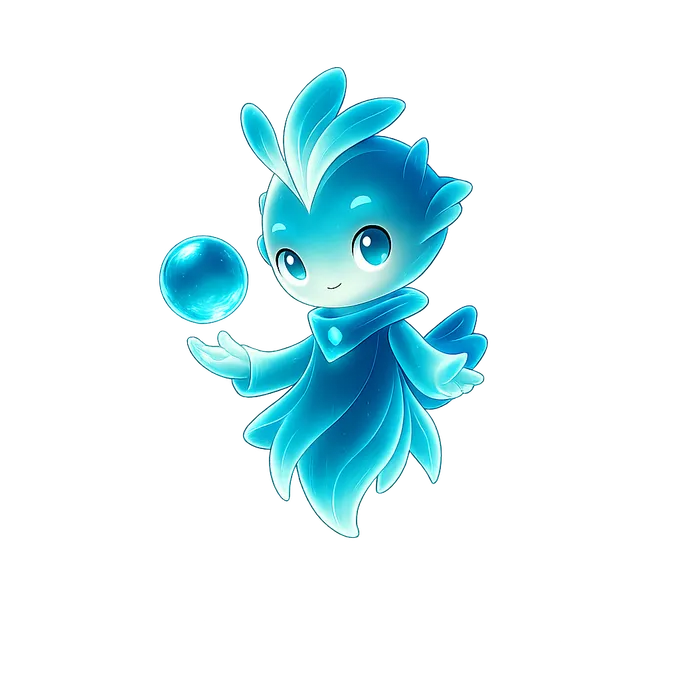 Nissy, a cyan spirit holding a glowing orb